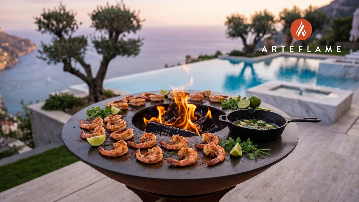 Grilled Prawns with Lime Butter (California Style) cooking on an Arteflame grill