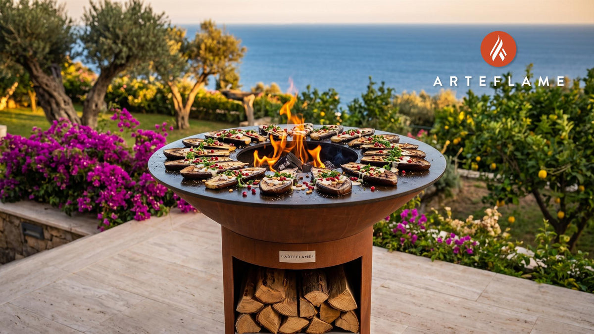 Charred Grilled Eggplant & Tahini (California Style) cooking on an Arteflame grill