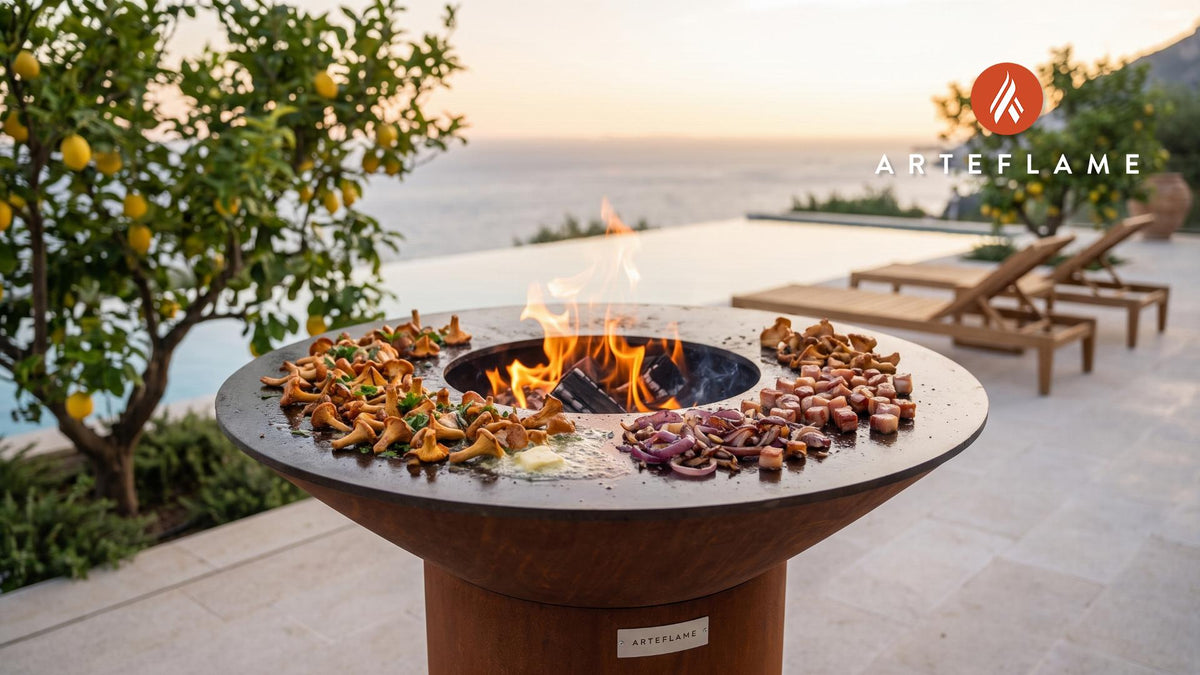 Grilled Chanterelles & Pancetta (Norwegian Style) cooking on an Arteflame grill