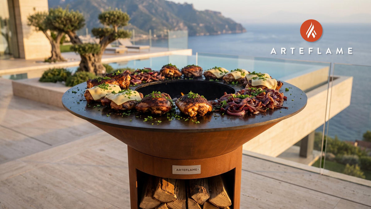 BBQ Chicken Thighs & Caramelized Onions (Norwegian Style) cooking on an Arteflame grill