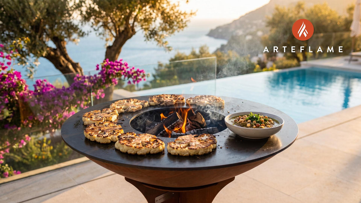 Grilled Cauliflower with Hazelnut Pesto (Norwegian Style) cooking on an Arteflame grill