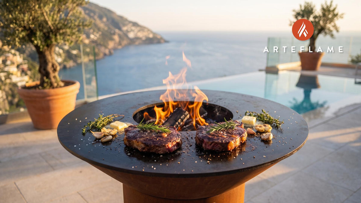 Seared Bison Ribeye Steak (Colorado Style) cooking on an Arteflame grill
