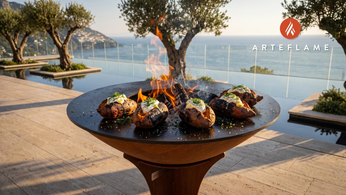 Fire-Charred Sweet Potatoes (Norwegian Style) cooking on an Arteflame grill