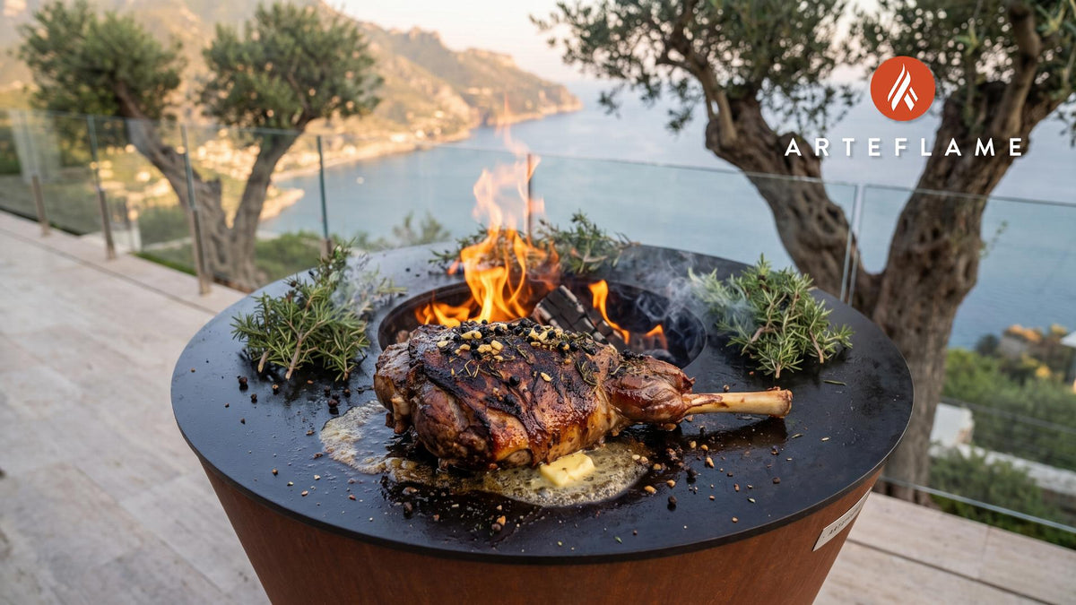 Juniper Smoked Lamb Shoulder (Norwegian Style) cooking on an Arteflame grill
