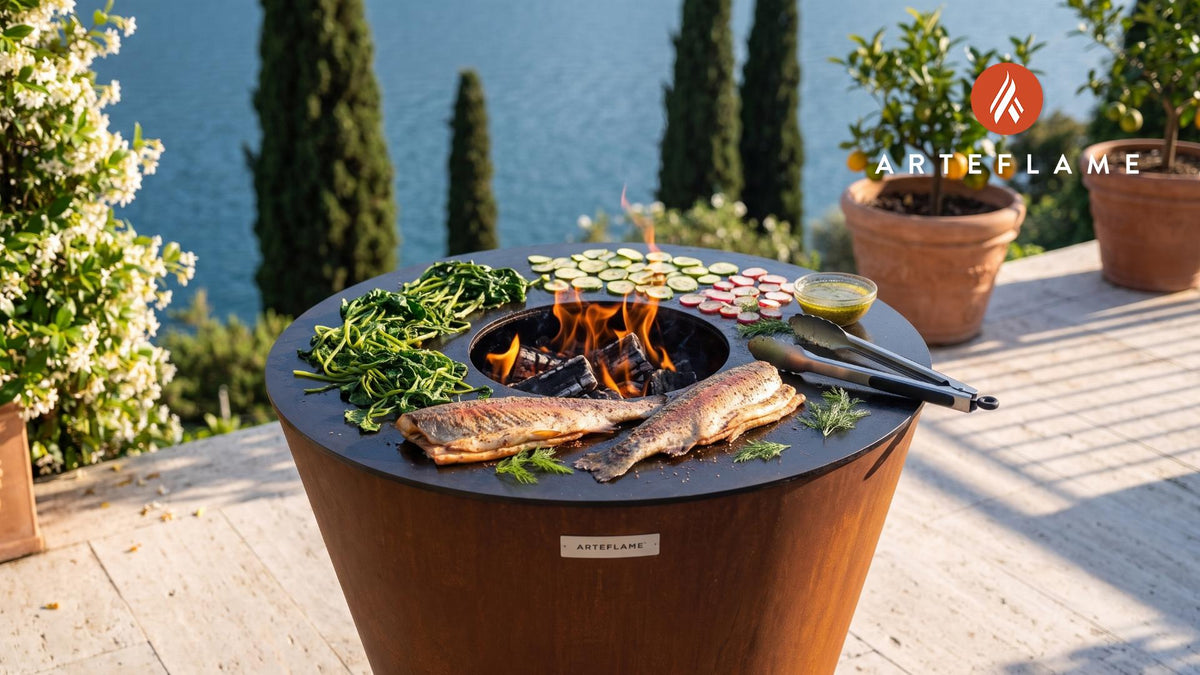 Smoked Trout Salad & Grilled Watercress (Norwegian Style) cooking on an Arteflame grill