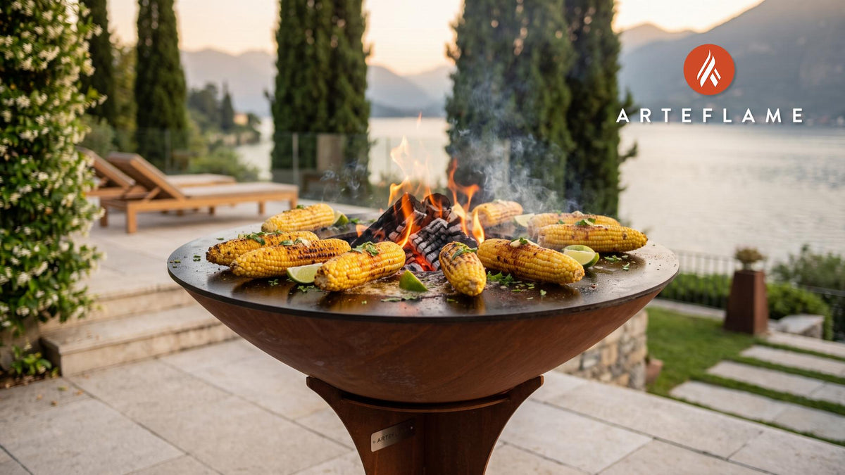 Grilled Corn with Chili Butter (Colorado Style) cooking on an Arteflame grill