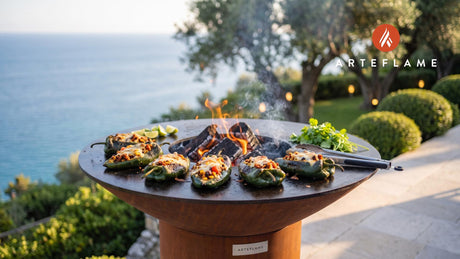Smoked Stuffed Poblano Peppers (Colorado Style) cooking on an Arteflame grill