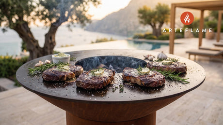 Charred Bison Steaks with Garlic Butter (Colorado Style) cooking on an Arteflame grill