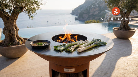 Grilled Leeks with Mustard Dressing (Belgian Style) cooking on an Arteflame grill
