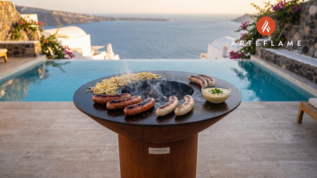 Grilled Sausages with Mustard Sauce (Belgian Style) cooking on an Arteflame grill