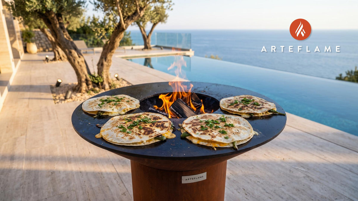 Charred Green Chili Quesadillas (Colorado Style) cooking on an Arteflame grill