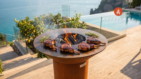 Maple Bourbon Grilled Pork Chops (Colorado Style) cooking on an Arteflame grill