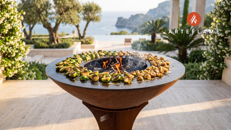 Grilled Brussels Sprouts & Chestnuts (Belgian Style) cooking on an Arteflame grill