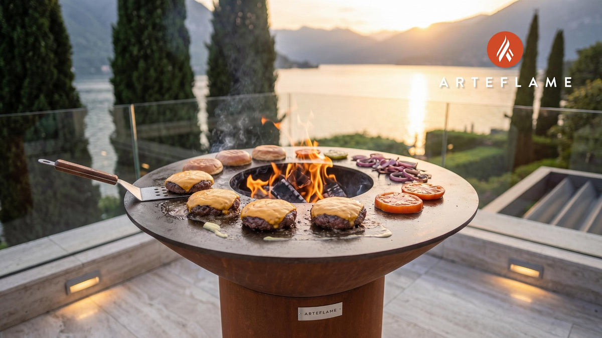 Belgian Blue Beef Burgers cooking on an Arteflame grill