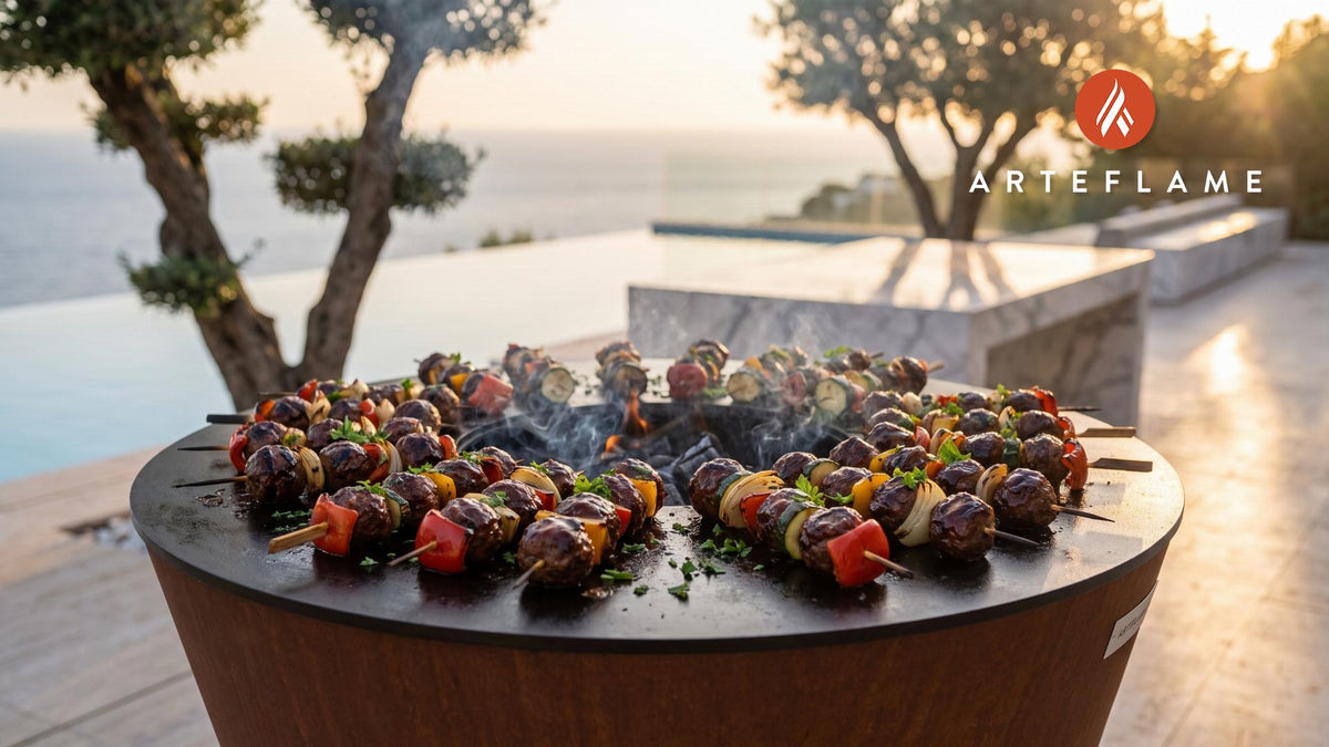 Grilled Bison Meatball Skewers (Colorado Style) cooking on an Arteflame grill