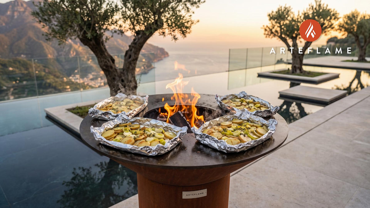 Smoky Leek & Potato Parcels (Belgian Style) cooking on an Arteflame grill