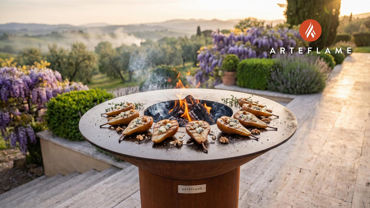 Grilled Pears with Roquefort (Belgian Style) cooking on an Arteflame grill