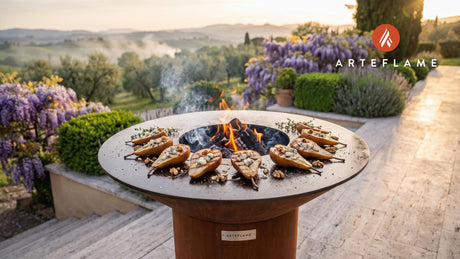Grilled Pears with Roquefort (Belgian Style) cooking on an Arteflame grill