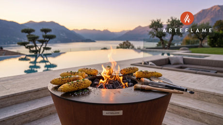 Grilled Corn with Maple Butter (Connecticut Style) cooking on an Arteflame grill