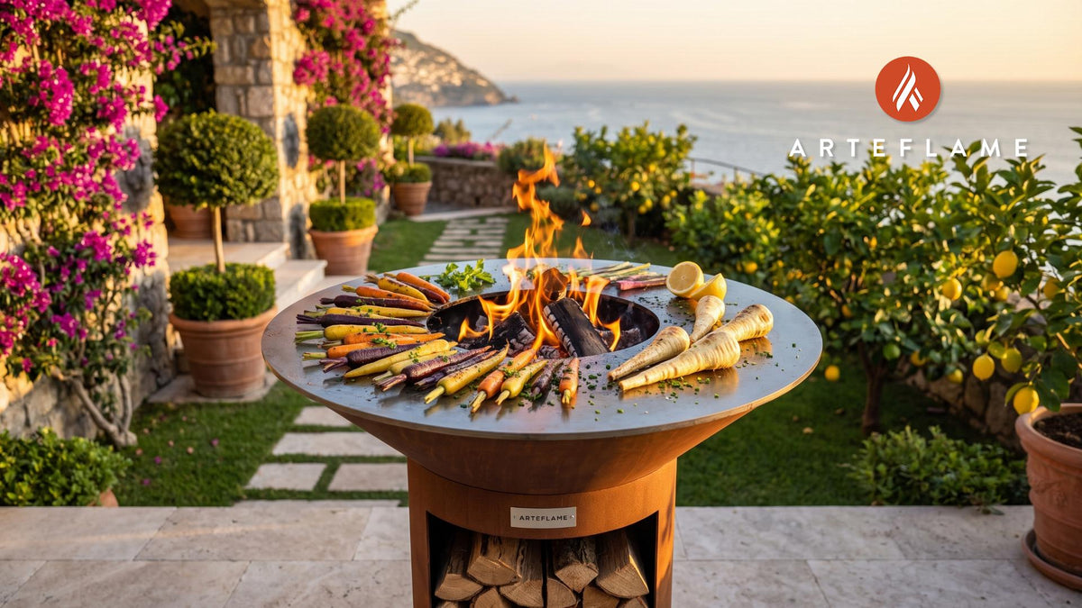 Grilled Rainbow Carrots & Parsnips (Belgian Style) cooking on an Arteflame grill