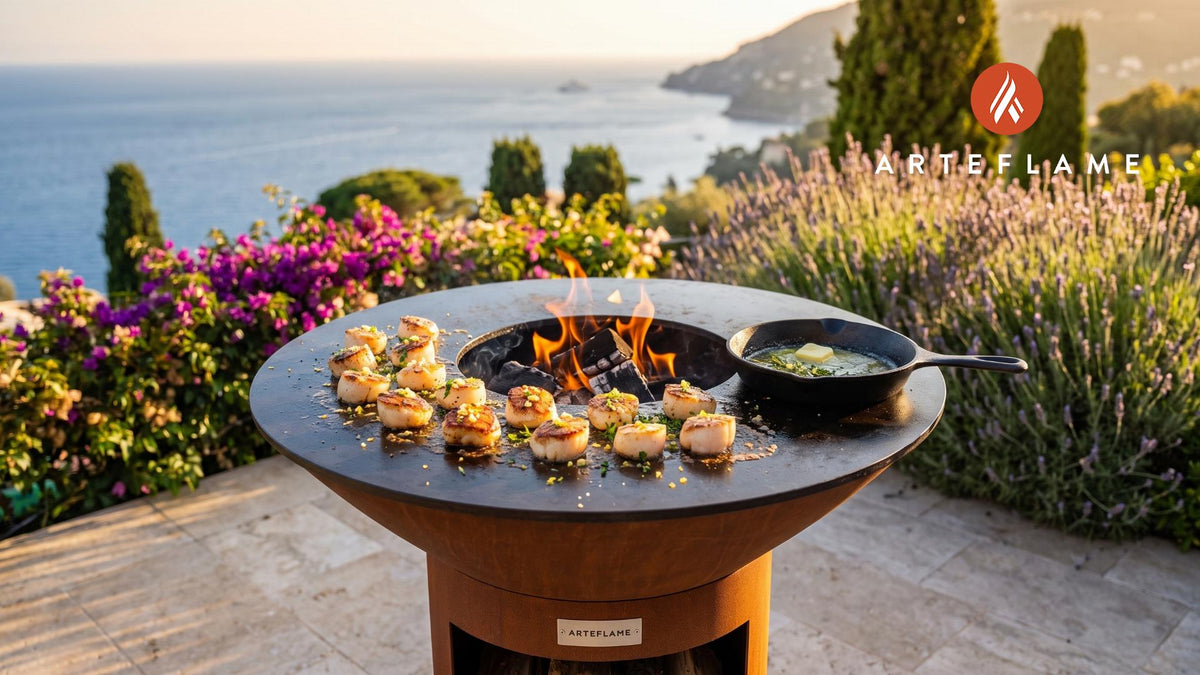 Grilled Scallops with Garlic Lemon Butter (Connecticut Style) cooking on an Arteflame grill