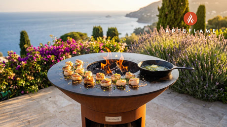 Grilled Scallops with Garlic Lemon Butter (Connecticut Style) cooking on an Arteflame grill