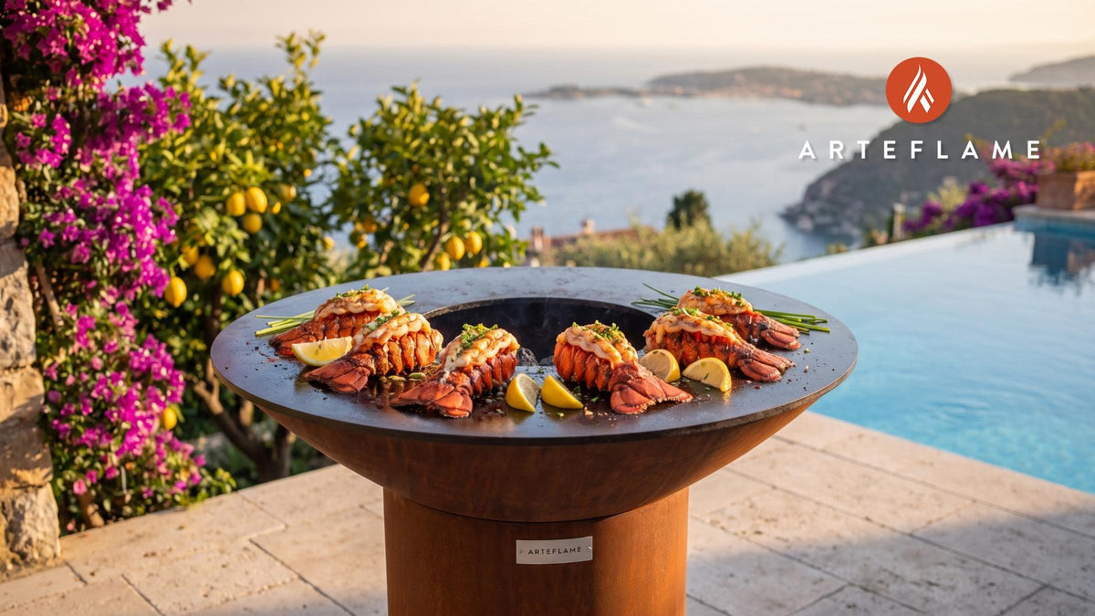 Grilled Lobster Tails with Garlic Butter (Connecticut Style) cooking on an Arteflame grill
