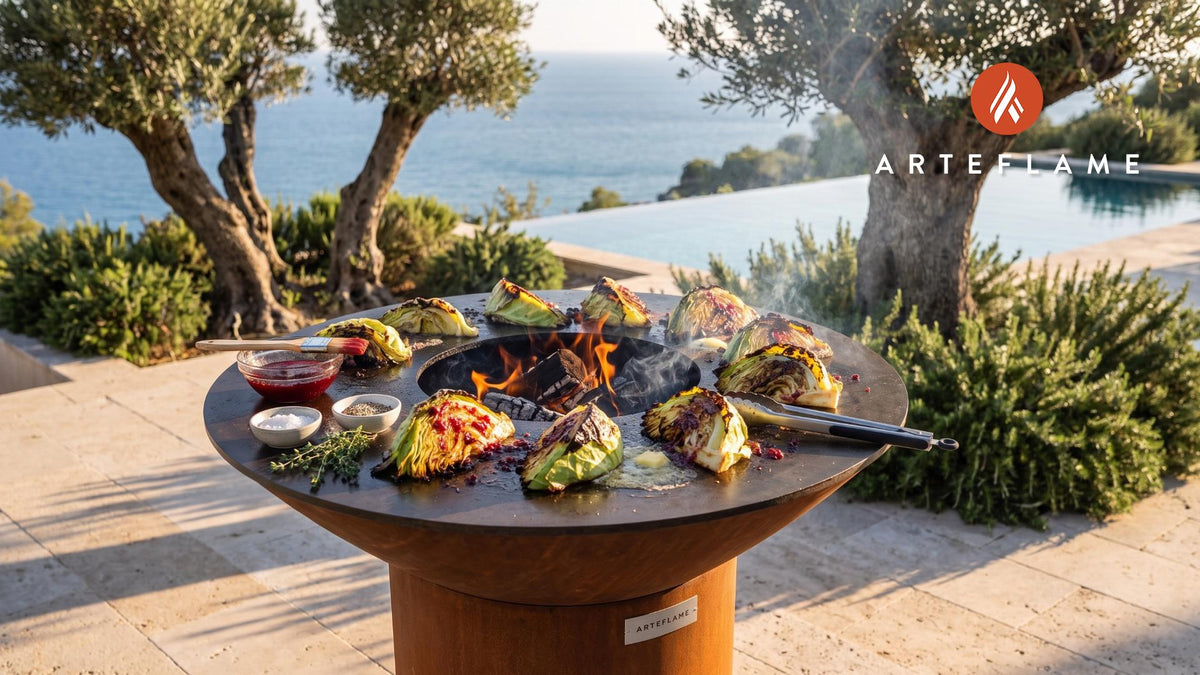 Charred Cabbage with Lingonberry Glaze (Swedish Style) cooking on an Arteflame grill
