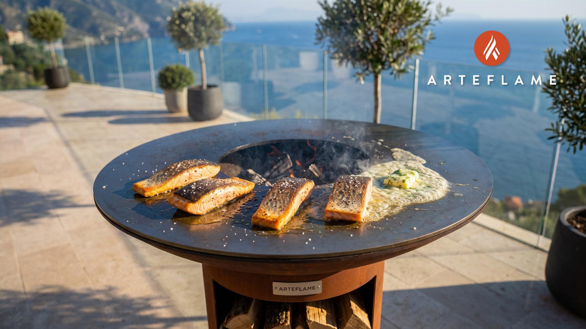 Grilled Salmon Fillet with Dill Butter (Swedish Style) cooking on an Arteflame grill