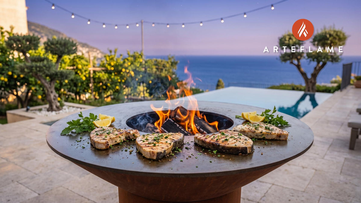 Grilled Swordfish Steaks with Citrus Herb Marinade (Connecticut Style) cooking on an Arteflame grill