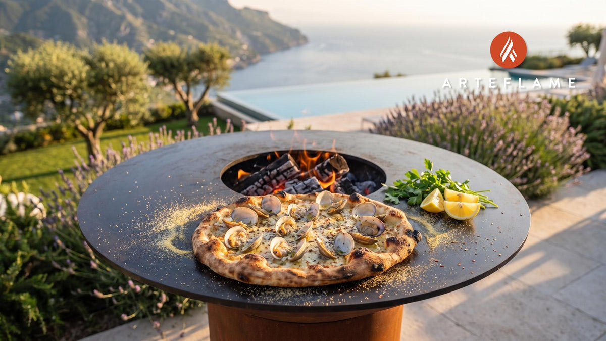 Grilled Clam Pizza (Connecticut Style) cooking on an Arteflame grill