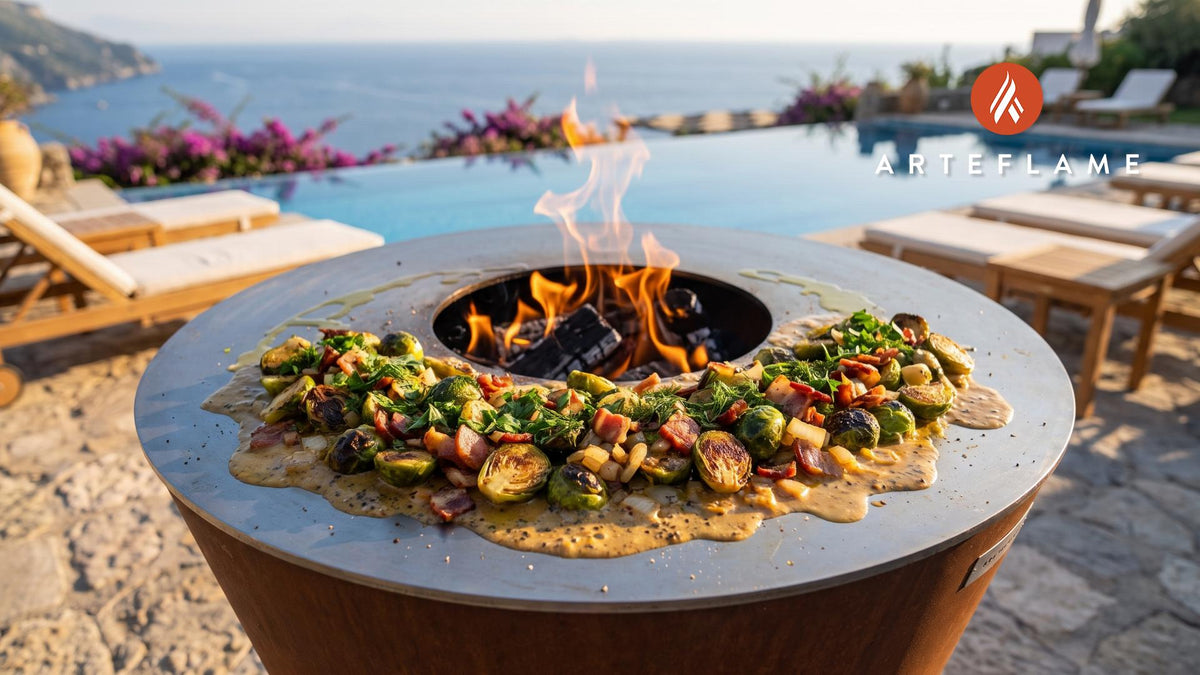Charred Brussels Sprouts with Bacon (Swedish Style) cooking on an Arteflame grill