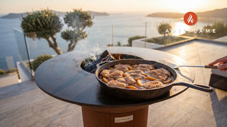 Grilled Peach Cobbler (Connecticut Style) cooking on an Arteflame grill
