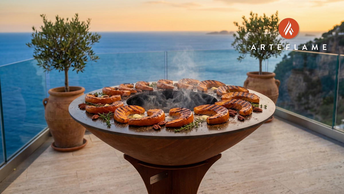 Grilled Pumpkin with Maple Cinnamon Glaze (Connecticut Style) cooking on an Arteflame grill