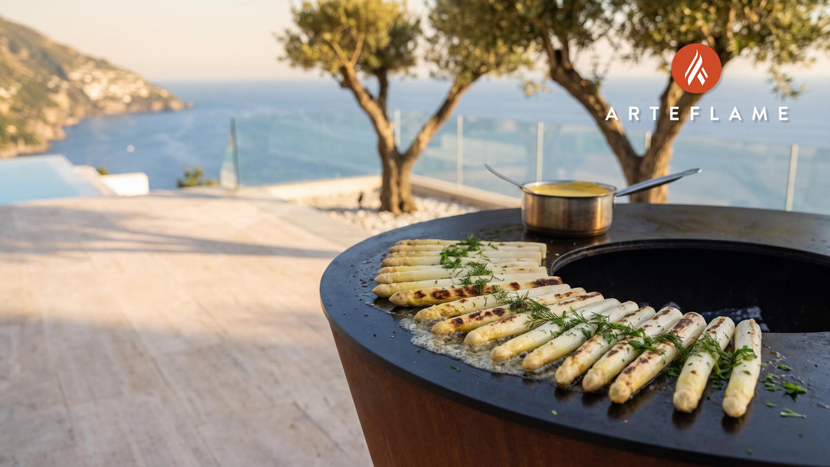 Grilled White Asparagus & Hollandaise (Swedish Style) cooking on an Arteflame grill