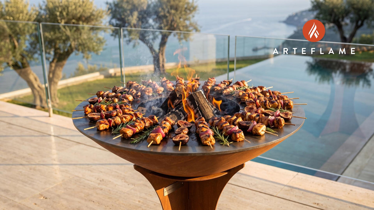 Grilled Balsamic Chicken & Fig Skewers (Connecticut Style) cooking on an Arteflame grill