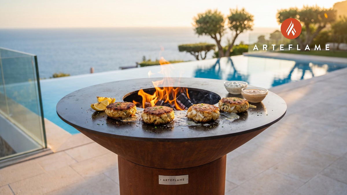 Grilled Blue Crab Cakes (Delaware Style) cooking on an Arteflame grill