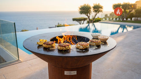 Grilled Blue Crab Cakes (Delaware Style) cooking on an Arteflame grill