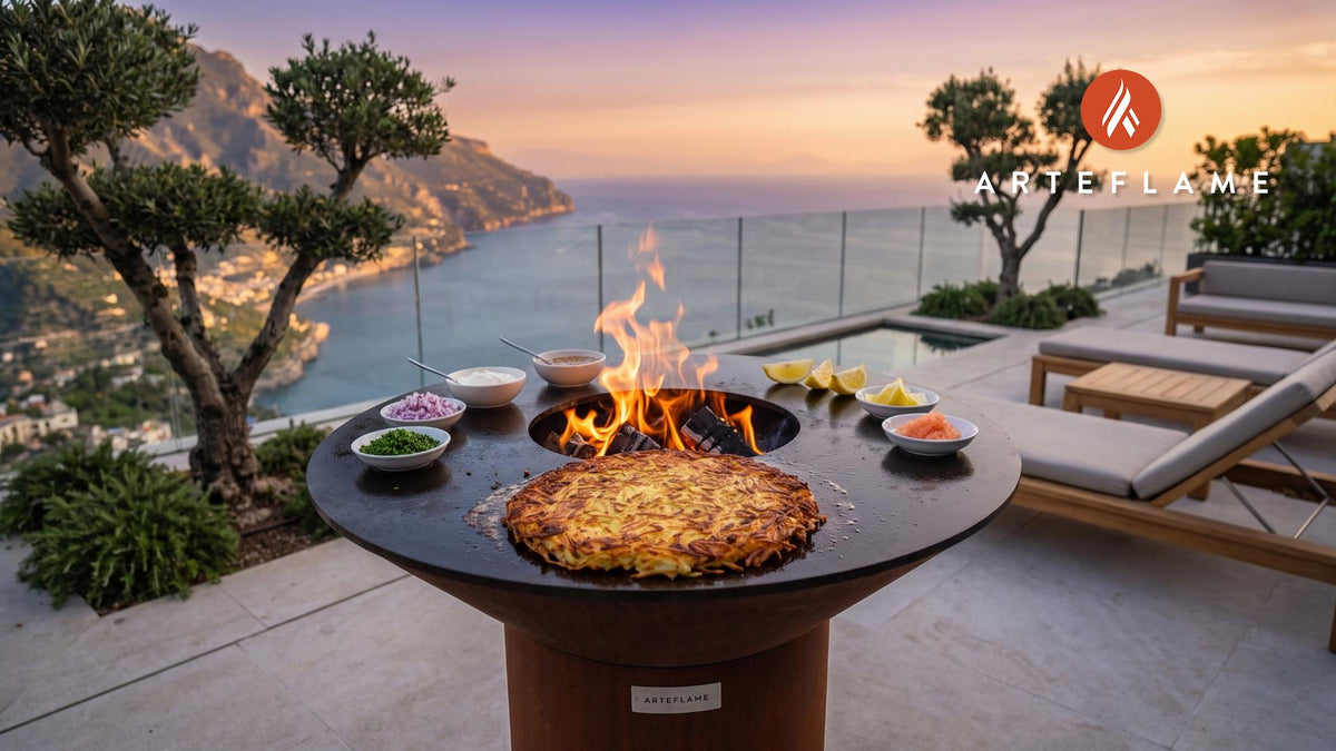 Crispy Grilled Potato Rosti (Swedish Style) cooking on an Arteflame grill