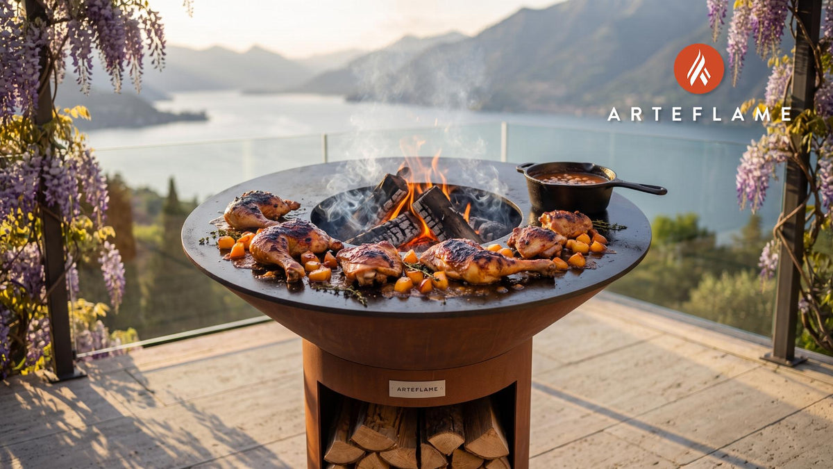 Peach Glazed BBQ Chicken (Delaware Style) cooking on an Arteflame grill