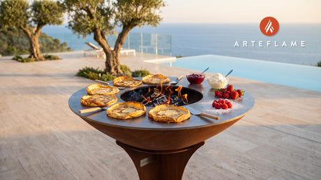 Grilled Swedish Pancakes with Lingonberry Jam cooking on an Arteflame grill