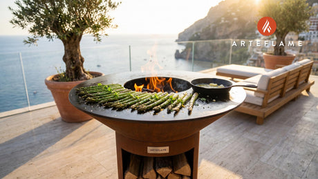 Grilled Asparagus with Lemon Butter (Delaware Style) cooking on an Arteflame grill