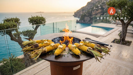 Grilled Corn with Old Bay Butter (Delaware Style) cooking on an Arteflame grill