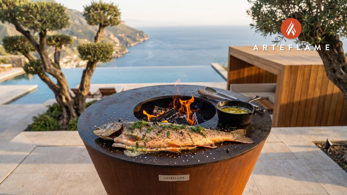 Wood-Fired Arctic Char (Finnish Style) cooking on an Arteflame grill
