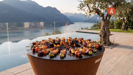 Charred Root Vegetable Skewers (Finnish Style) cooking on an Arteflame grill