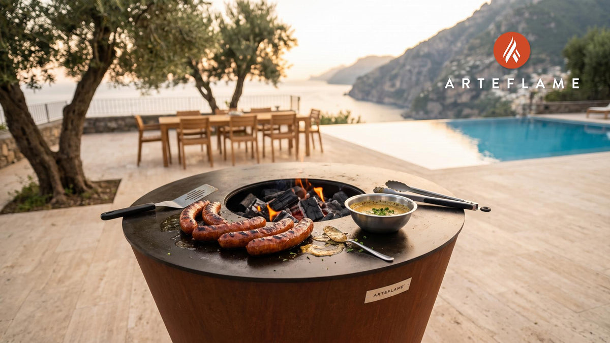 Grilled Kielbasa & Mustard Sauce (Delaware Style) cooking on an Arteflame grill