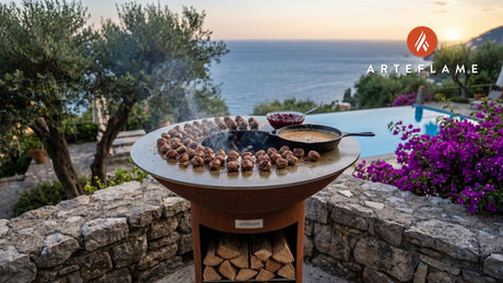 Grilled Meatballs with Lingonberry Sauce (Finnish Style) cooking on an Arteflame grill