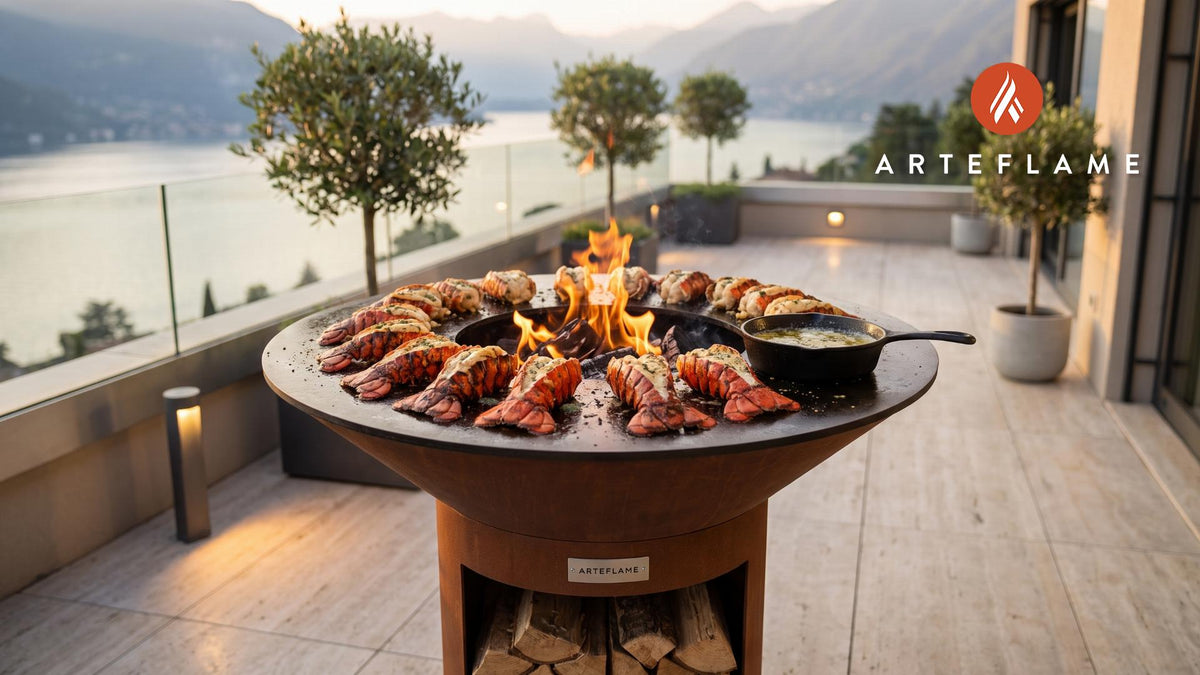 Grilled Lobster Tails with Lemon Butter (Delaware Style) cooking on an Arteflame grill