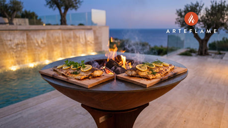 Cedar Plank Grilled Redfish (Florida Style) cooking on an Arteflame grill