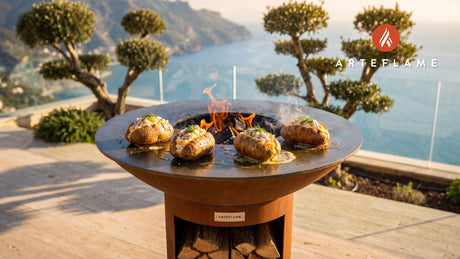 Wood-Fired Roe Stuffed Potatoes (Finnish Style) cooking on an Arteflame grill